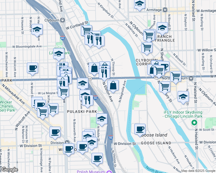 map of restaurants, bars, coffee shops, grocery stores, and more near 1535 North Elston Avenue in Chicago