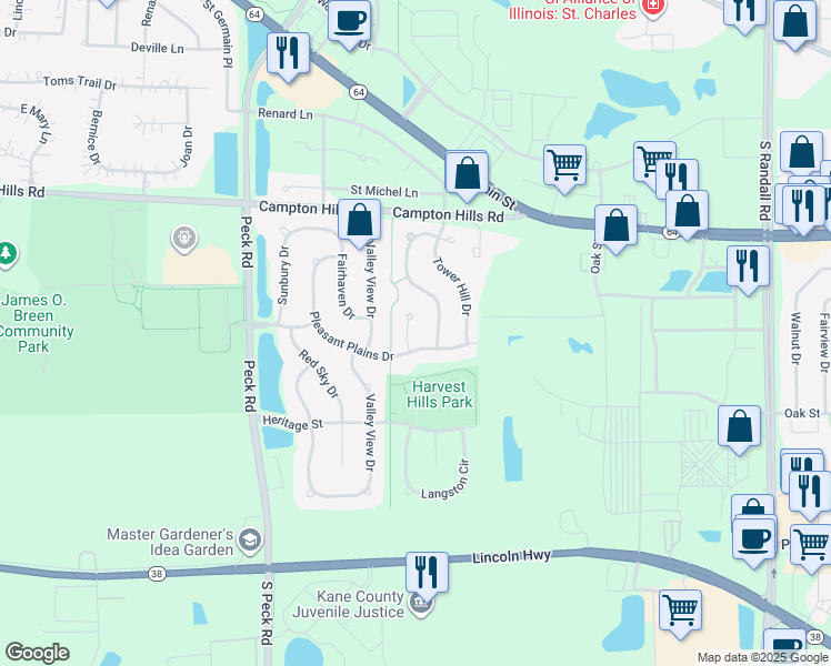 map of restaurants, bars, coffee shops, grocery stores, and more near 315 Grand Ridge Road in St. Charles
