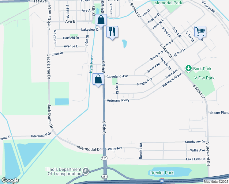 map of restaurants, bars, coffee shops, grocery stores, and more near 208 Gary Street in Rochelle
