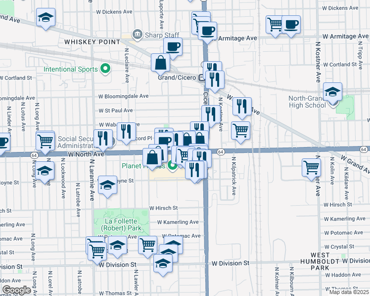 map of restaurants, bars, coffee shops, grocery stores, and more near 4846 West North Avenue in Chicago