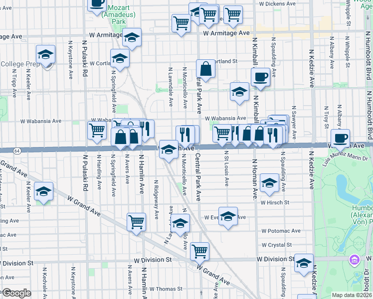 map of restaurants, bars, coffee shops, grocery stores, and more near 3613 West North Avenue in Chicago