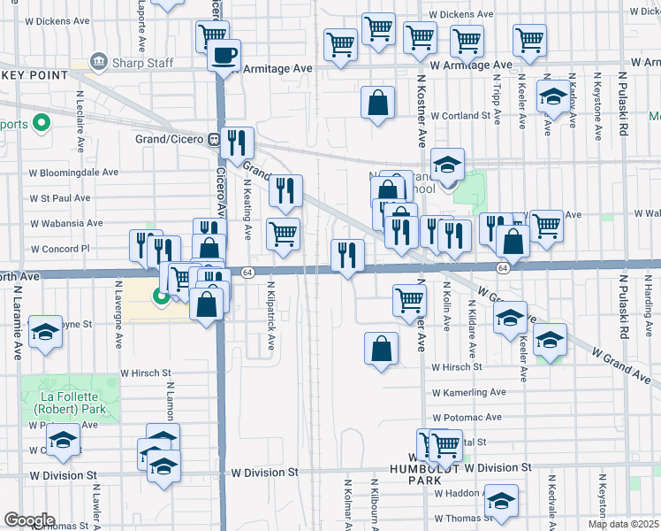 map of restaurants, bars, coffee shops, grocery stores, and more near 4560 South Ave O in Chicago