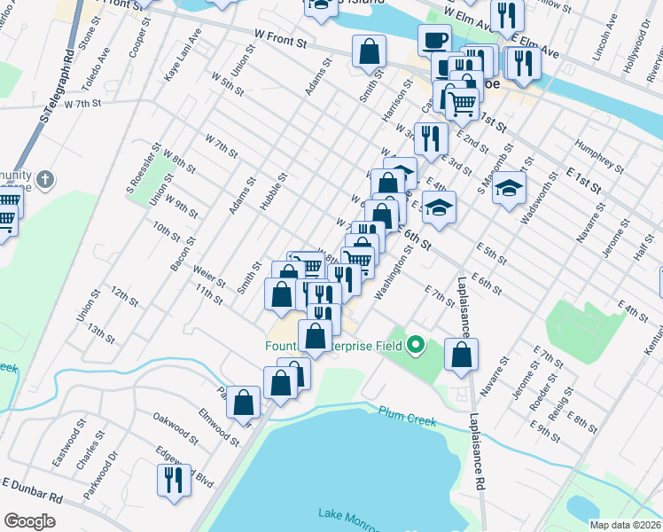 map of restaurants, bars, coffee shops, grocery stores, and more near 27 West 8th Street in Monroe