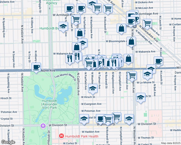 map of restaurants, bars, coffee shops, grocery stores, and more near 1599 N Washtenaw Ave in Chicago