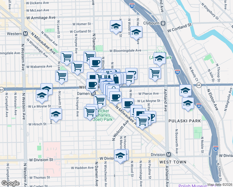 map of restaurants, bars, coffee shops, grocery stores, and more near 1530 North Elk Grove Avenue in Chicago