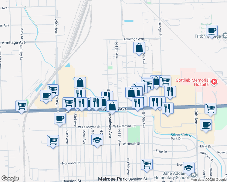 map of restaurants, bars, coffee shops, grocery stores, and more near 1942 North 18th Avenue in Melrose Park