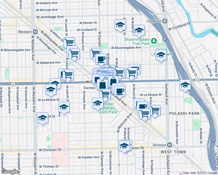 map of restaurants, bars, coffee shops, grocery stores, and more near 1563 North Milwaukee Avenue in Chicago