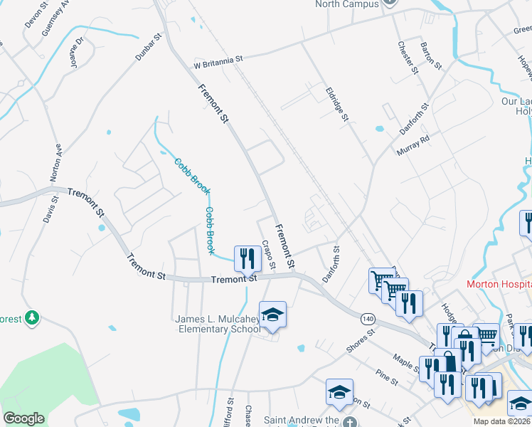 map of restaurants, bars, coffee shops, grocery stores, and more near 38 Fremont Street in Taunton