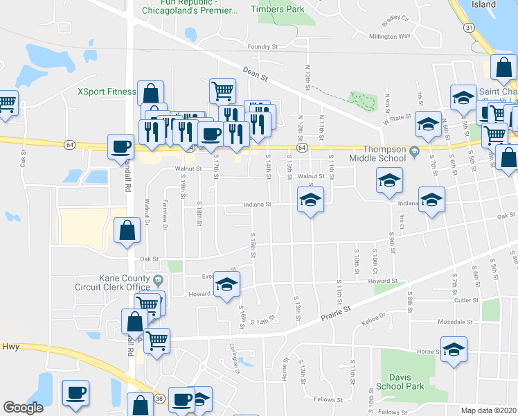 map of restaurants, bars, coffee shops, grocery stores, and more near 1405 Indiana Street in St. Charles