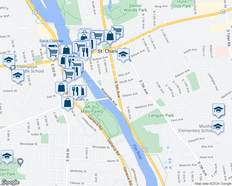 map of restaurants, bars, coffee shops, grocery stores, and more near 609 South 5th Avenue in St. Charles