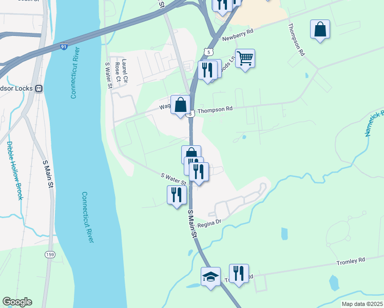 map of restaurants, bars, coffee shops, grocery stores, and more near 21 U.S. 5 in East Windsor