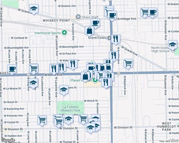 map of restaurants, bars, coffee shops, grocery stores, and more near 4916 West North Avenue in Chicago