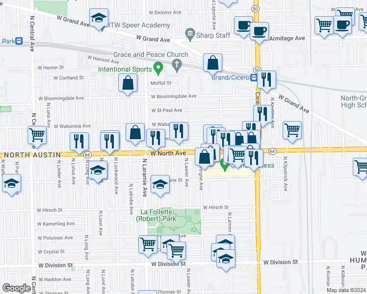 map of restaurants, bars, coffee shops, grocery stores, and more near 1607 North Leclaire Avenue in Chicago