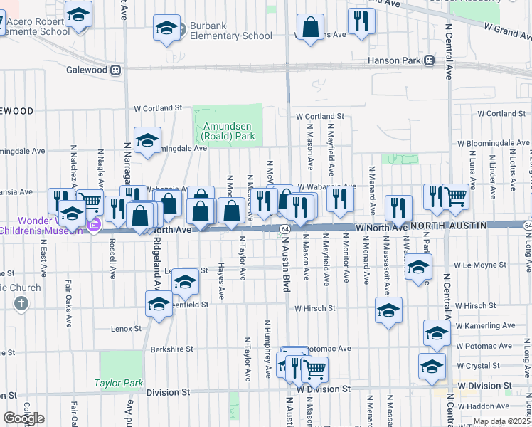 map of restaurants, bars, coffee shops, grocery stores, and more near 1618 North McVicker Avenue in Chicago