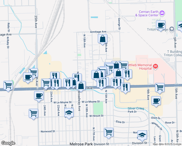 map of restaurants, bars, coffee shops, grocery stores, and more near 1938 North 17th Avenue in Melrose Park