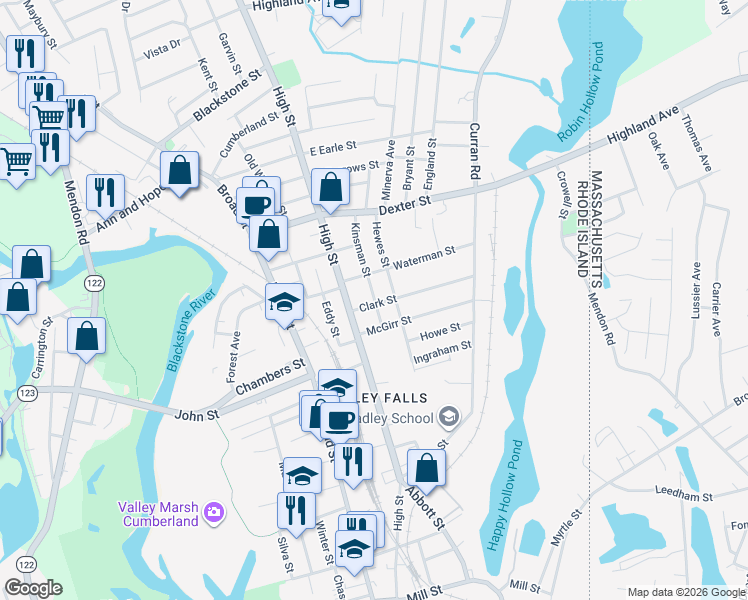 map of restaurants, bars, coffee shops, grocery stores, and more near 51 Kinsman Street in Cumberland