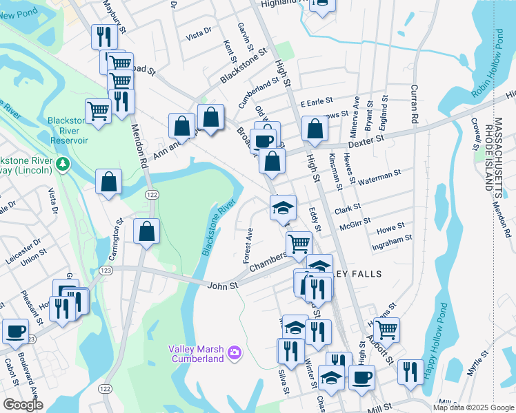 map of restaurants, bars, coffee shops, grocery stores, and more near 8 Forest Avenue in Cumberland