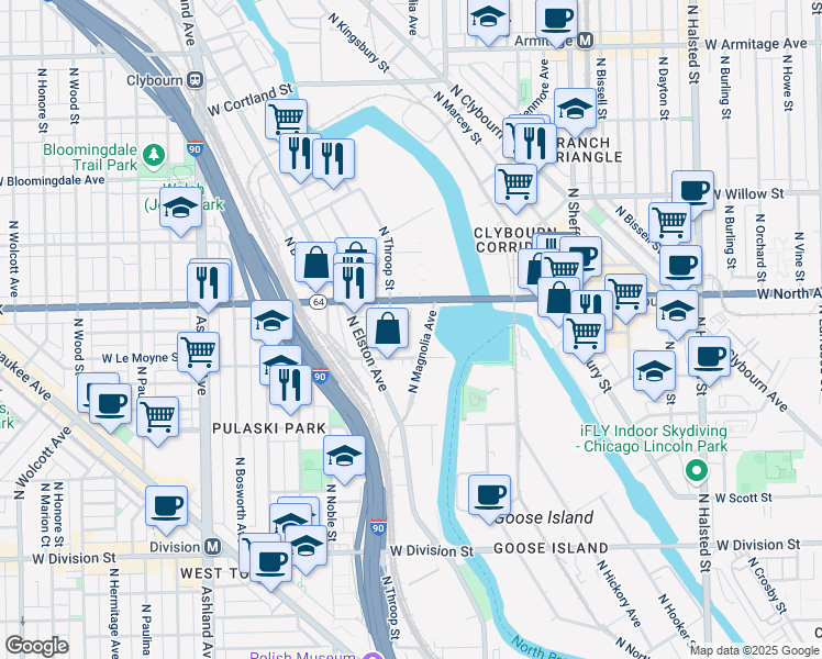 map of restaurants, bars, coffee shops, grocery stores, and more near 1255 Illinois 64 in Chicago
