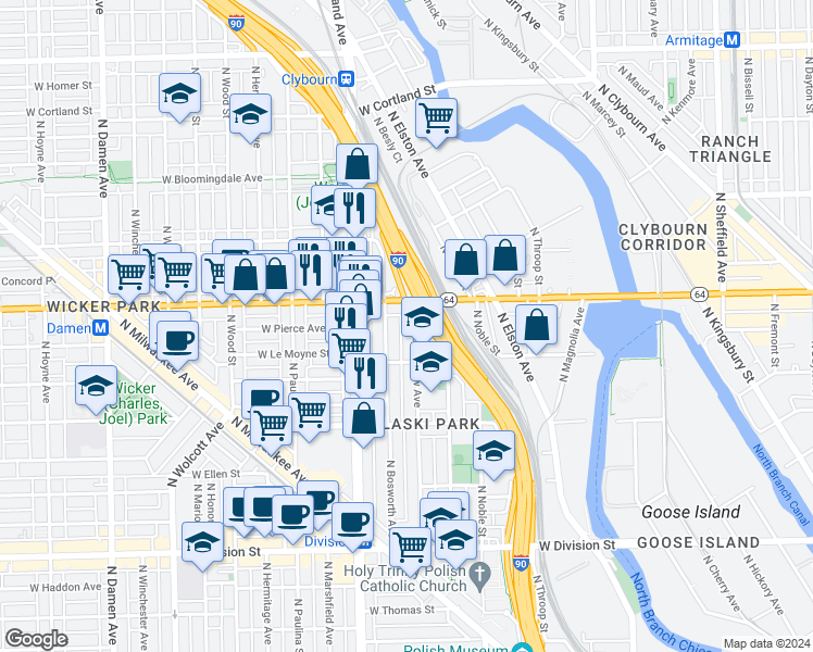 map of restaurants, bars, coffee shops, grocery stores, and more near 1541 North Bosworth Avenue in Chicago
