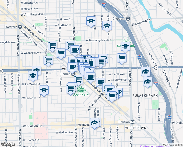 map of restaurants, bars, coffee shops, grocery stores, and more near 1530 North Elk Grove Avenue in Chicago