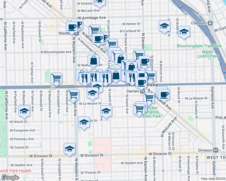 map of restaurants, bars, coffee shops, grocery stores, and more near 1548 North Leavitt Street in Chicago