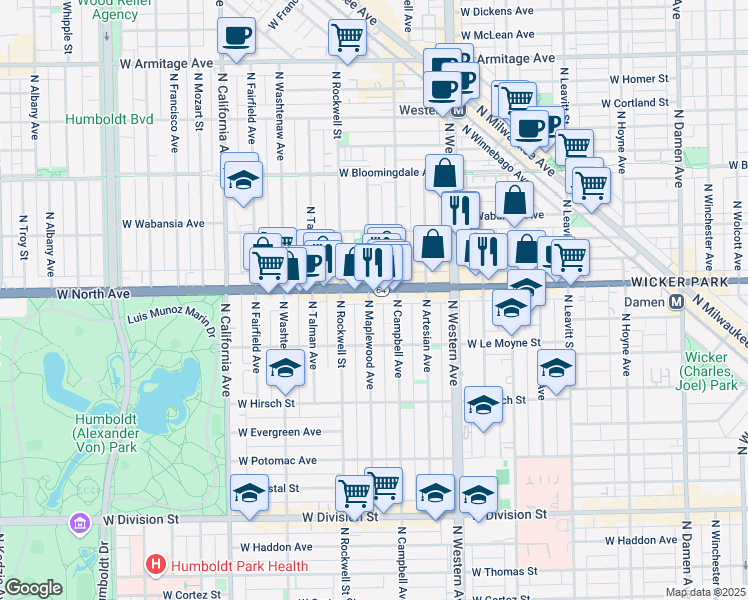 map of restaurants, bars, coffee shops, grocery stores, and more near 2503 West North Avenue in Chicago