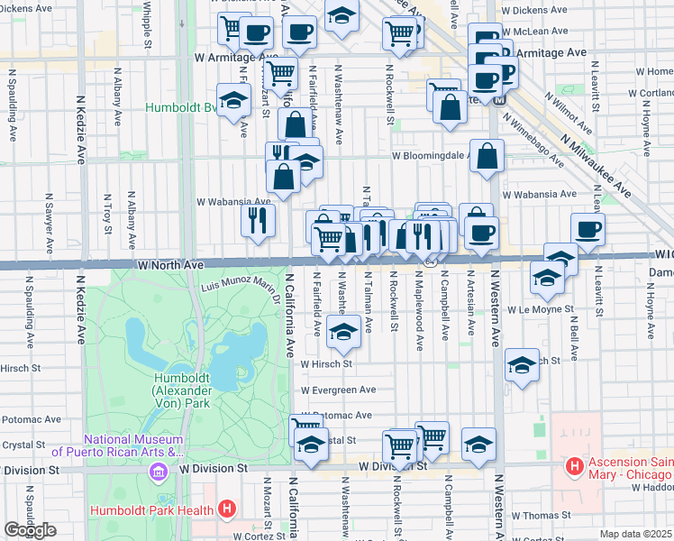 map of restaurants, bars, coffee shops, grocery stores, and more near 2641 West North Avenue in Chicago