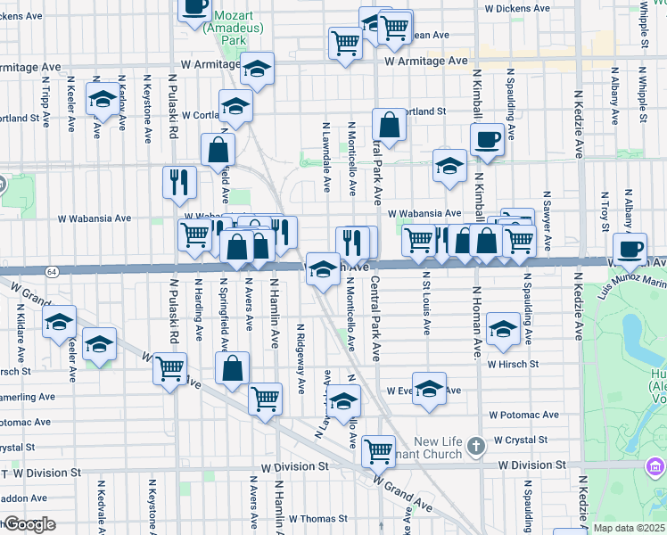 map of restaurants, bars, coffee shops, grocery stores, and more near 3639 West North Avenue in Chicago