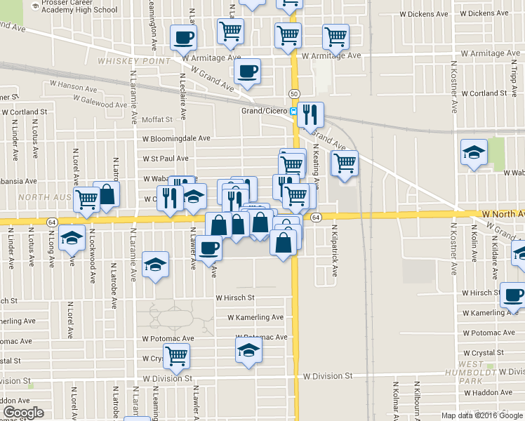 map of restaurants, bars, coffee shops, grocery stores, and more near in Chicago