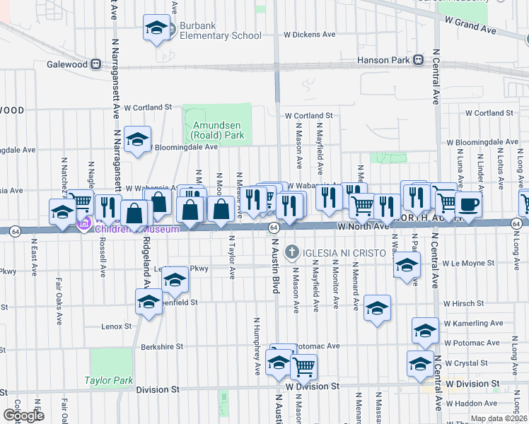 map of restaurants, bars, coffee shops, grocery stores, and more near 1622 North Austin Avenue in Chicago