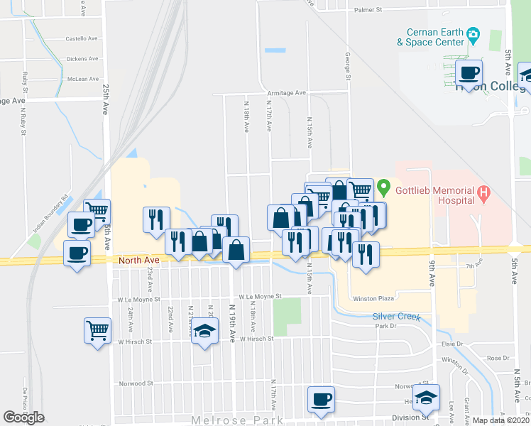 map of restaurants, bars, coffee shops, grocery stores, and more near 1942 North 17th Avenue in Melrose Park