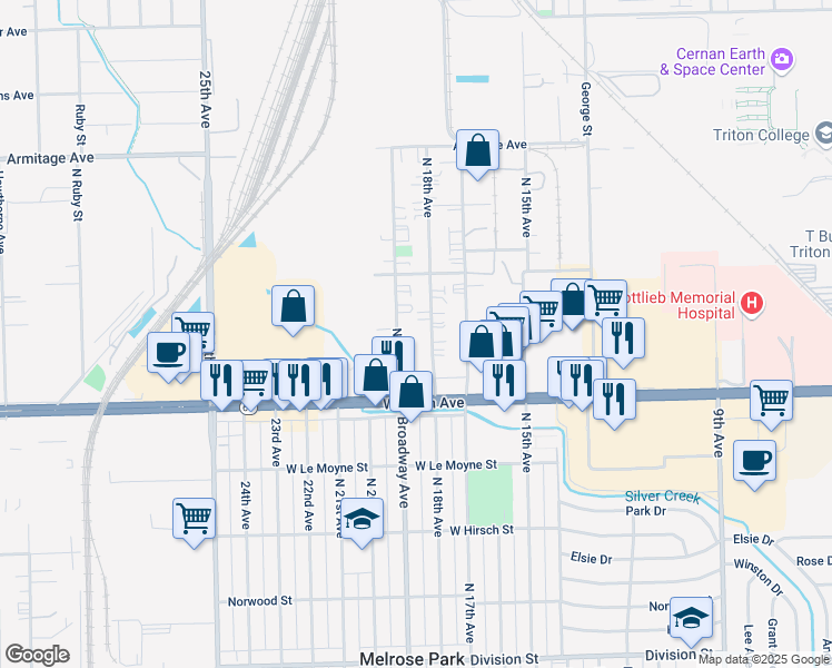 map of restaurants, bars, coffee shops, grocery stores, and more near 1942 North 18th Avenue in Melrose Park