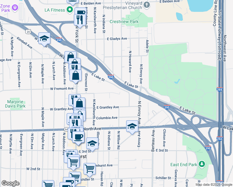 map of restaurants, bars, coffee shops, grocery stores, and more near 217 East Fremont Avenue in Elmhurst