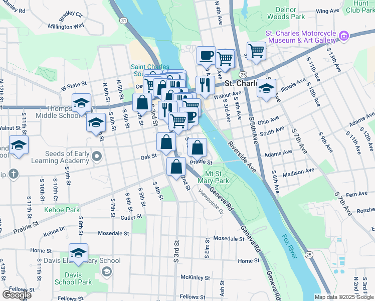 map of restaurants, bars, coffee shops, grocery stores, and more near 330 South 2nd Street in St. Charles