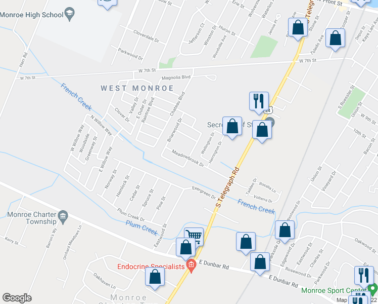map of restaurants, bars, coffee shops, grocery stores, and more near 1274 Strandwyck Drive in Monroe