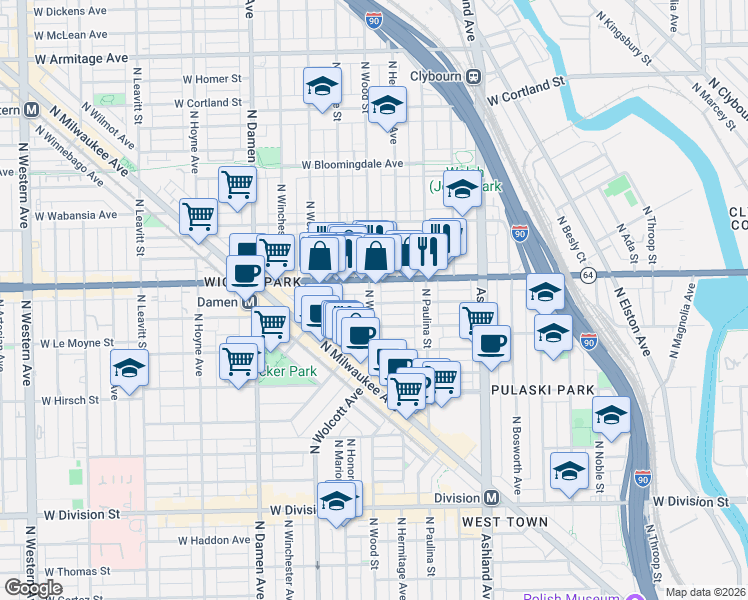 map of restaurants, bars, coffee shops, grocery stores, and more near 1746 West Pierce Avenue in Chicago