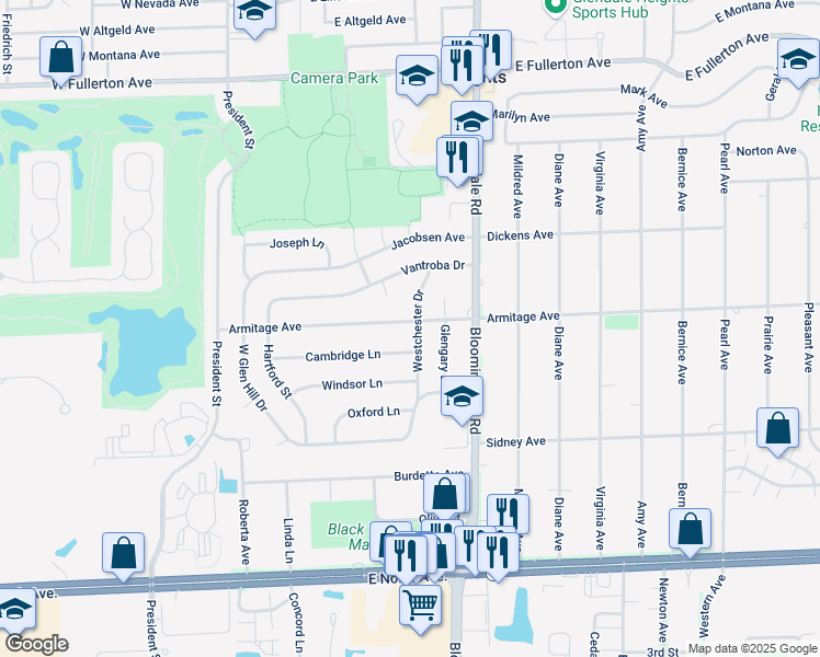 map of restaurants, bars, coffee shops, grocery stores, and more near 157 Armitage Avenue in Glendale Heights