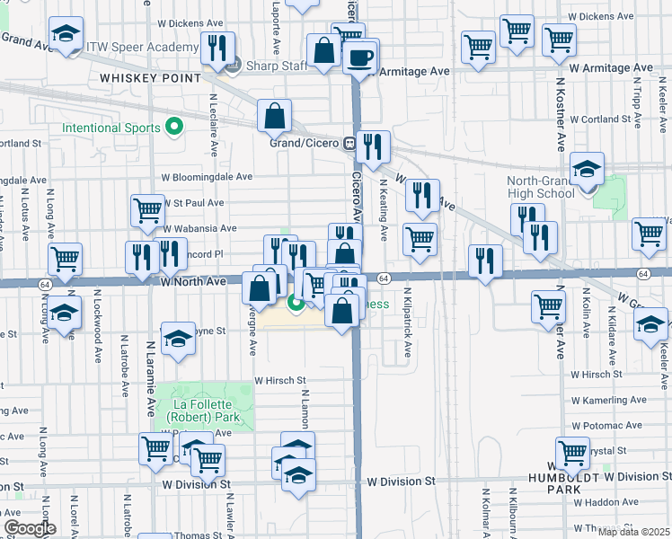 map of restaurants, bars, coffee shops, grocery stores, and more near 4828 West North Avenue in Chicago