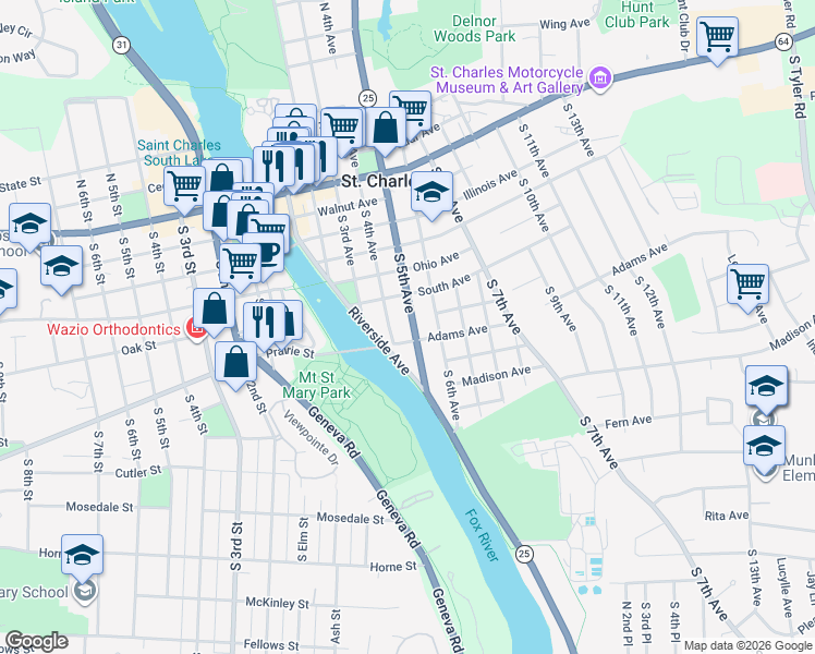 map of restaurants, bars, coffee shops, grocery stores, and more near 609 South 5th Avenue in St. Charles
