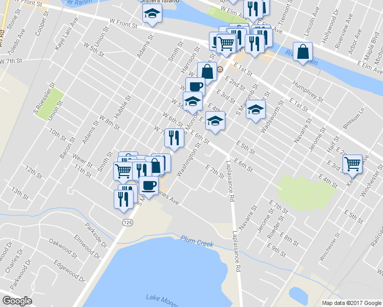 map of restaurants, bars, coffee shops, grocery stores, and more near 115 East 7th Street in Monroe