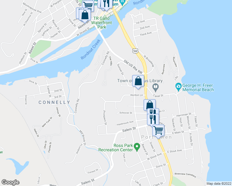 map of restaurants, bars, coffee shops, grocery stores, and more near 186 Horton Lane in Port Ewen