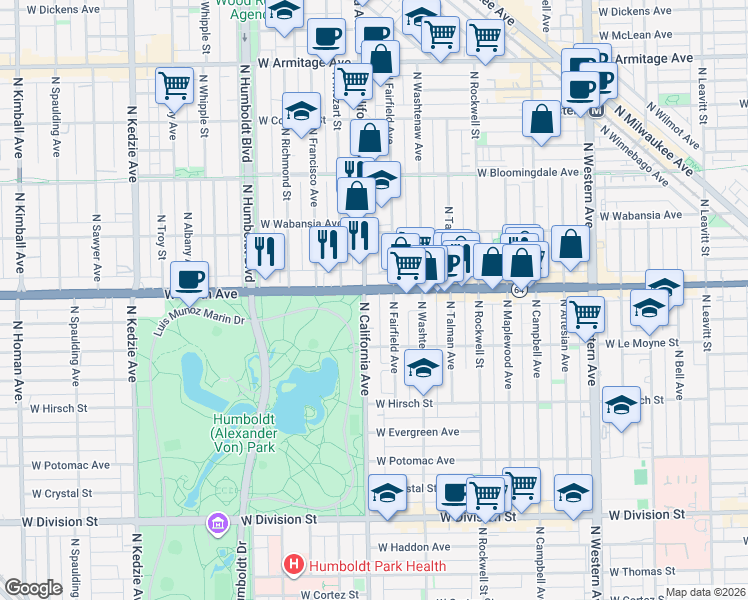 map of restaurants, bars, coffee shops, grocery stores, and more near 1545 North California Avenue in Chicago