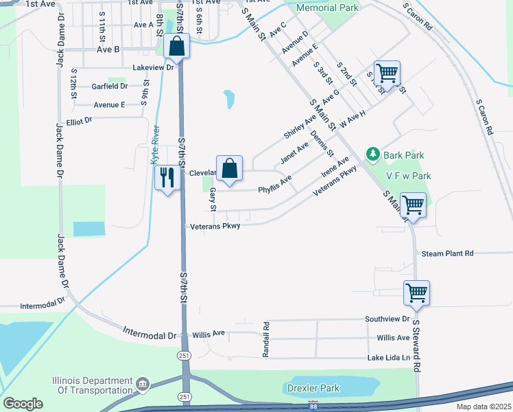 map of restaurants, bars, coffee shops, grocery stores, and more near 339 Irene Avenue in Rochelle