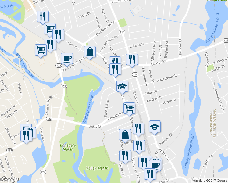 map of restaurants, bars, coffee shops, grocery stores, and more near 8 Forest Avenue in Cumberland