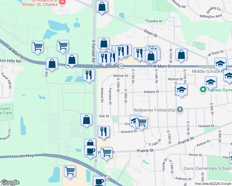 map of restaurants, bars, coffee shops, grocery stores, and more near 153 South 19th Street in St. Charles