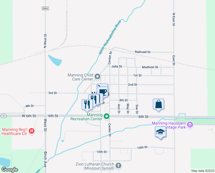 map of restaurants, bars, coffee shops, grocery stores, and more near 203 Center Street in Manning