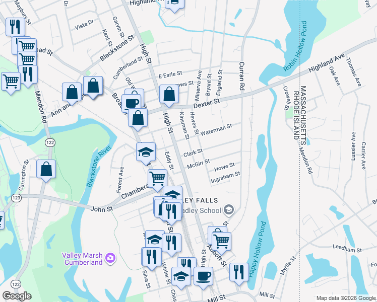 map of restaurants, bars, coffee shops, grocery stores, and more near 51 Kinsman St in Cumberland