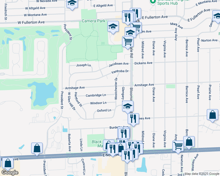 map of restaurants, bars, coffee shops, grocery stores, and more near 157 Armitage Avenue in Glendale Heights