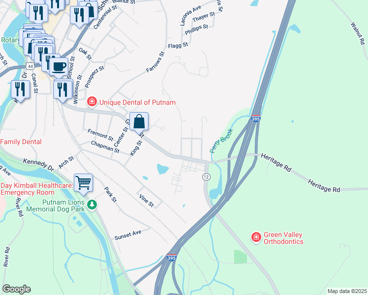 map of restaurants, bars, coffee shops, grocery stores, and more near 15 Perry Street in Putnam