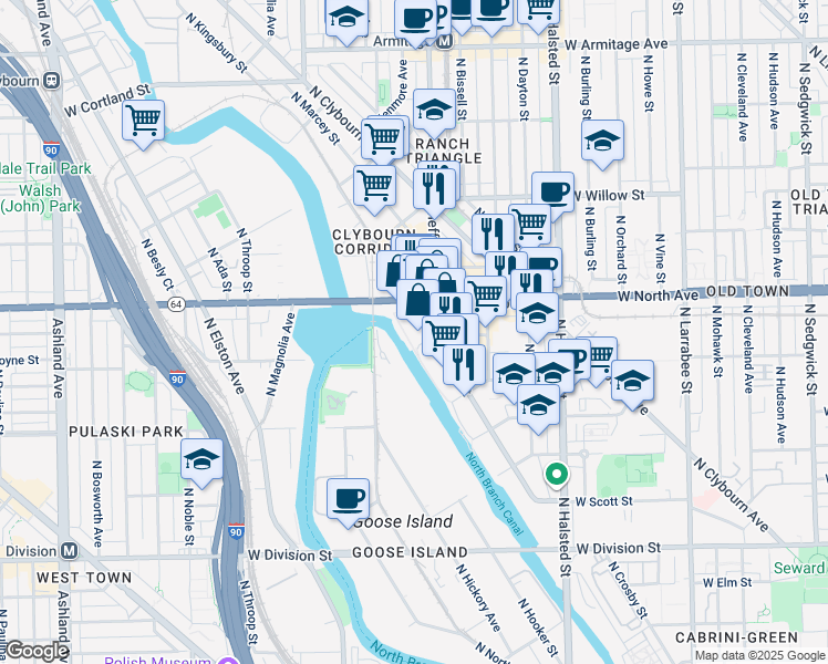map of restaurants, bars, coffee shops, grocery stores, and more near 1556 North Kingsbury Street in Chicago